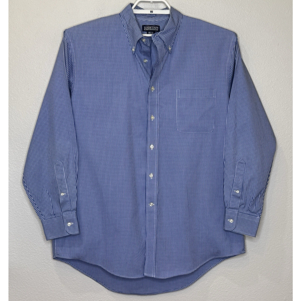 Lands’ End Button‎ Up Shirt Mens Size 16.5-33 Regular Blue Check Cotton Collared